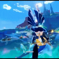 a screenshot of a video game shows a character in a blue and yellow outfit