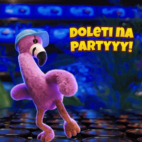 a stuffed flamingo wearing a blue hat is dancing in front of a sign that says doletina partyyy