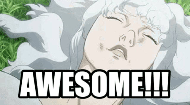 a woman with white hair is laying in the grass with the words awesome !! above her head .