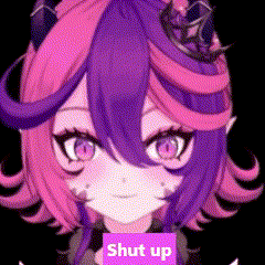a girl with purple hair and pink eyes is holding a sign that says shut up .
