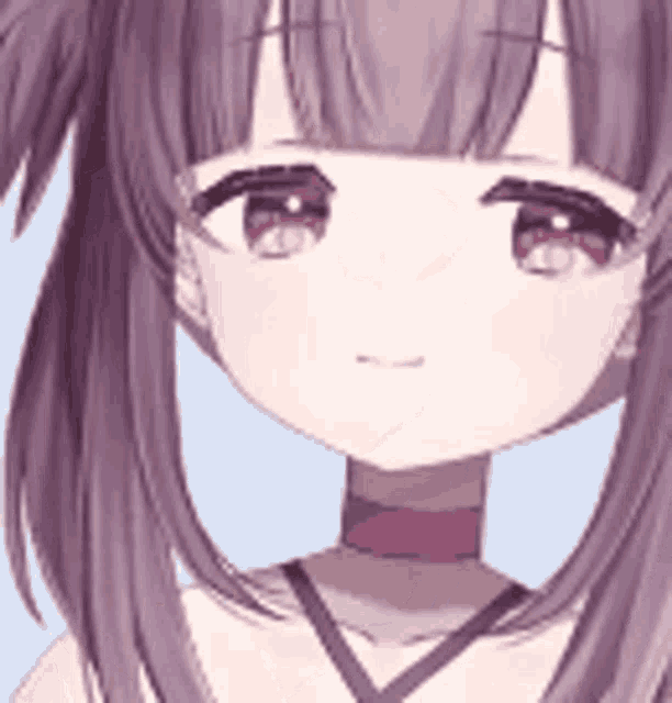 a close up of a purple haired anime girl with a choker .