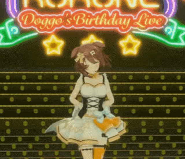 a girl is dancing on a stage in front of a neon sign that says doggo 's birthday live