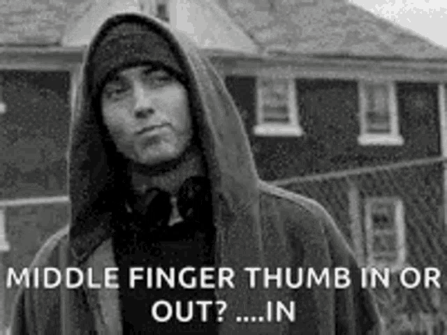 eminem is wearing a hooded jacket and a beanie .