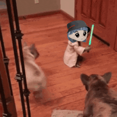a cartoon character is holding a green light saber while playing with two dogs