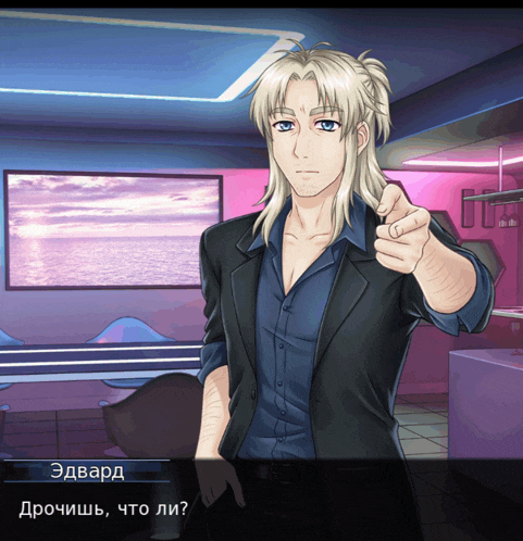 a man in a suit is pointing at the camera in a game