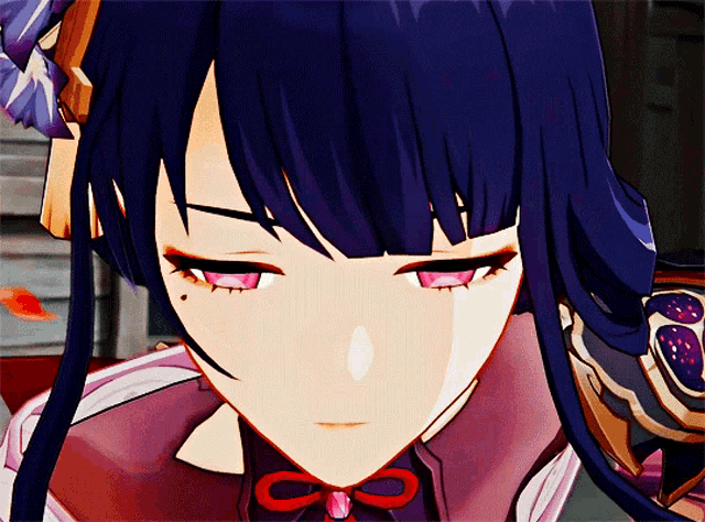 a close up of a purple haired anime character with purple eyes