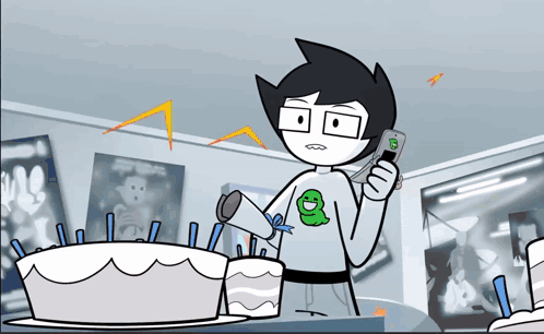 a cartoon character with the letter g on his shirt is holding a cell phone