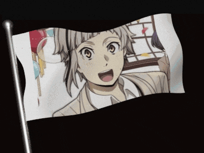 a flag with a picture of a boy with his mouth open