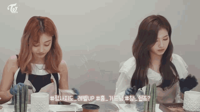 two women sitting at a table with a twice logo on the top