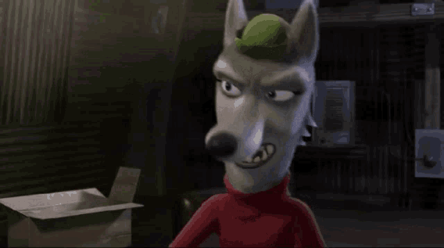 a cartoon wolf wearing a green hat and a red turtleneck