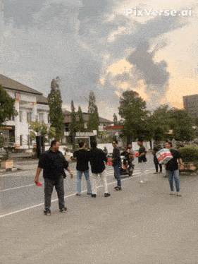 a group of people standing on a street with pixverse.ai written on the bottom right