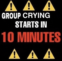 a group crying starts in 10 minutes with a black background .