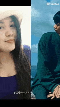 a woman in a hat and a man in a green sweater are both shown