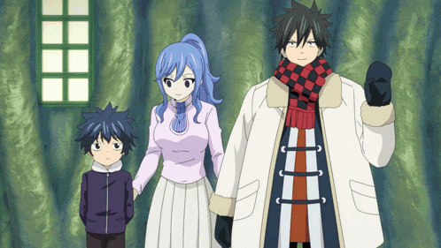 a group of anime characters standing next to each other holding hands
