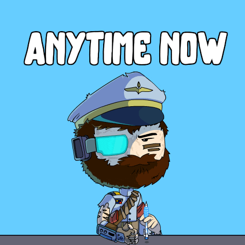 a cartoon of a man with a beard and the words anytime now