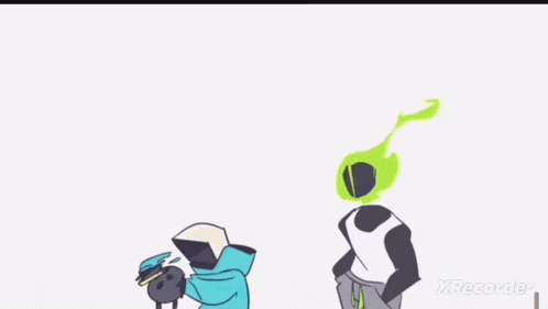 a cartoon of a person with a green head and a blue sword with the word xrecorder below it
