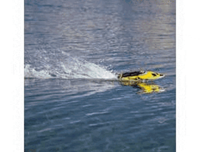 a yellow and black remote control boat is floating on top of a body of water .
