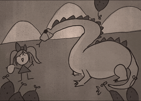 a drawing of a girl standing next to a dinosaur