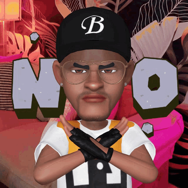 a man wearing a hat with the letter b on it says no