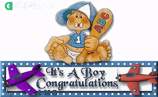 a cartoon of a baby boy holding a baseball bat with the words it 's a boy congratulations