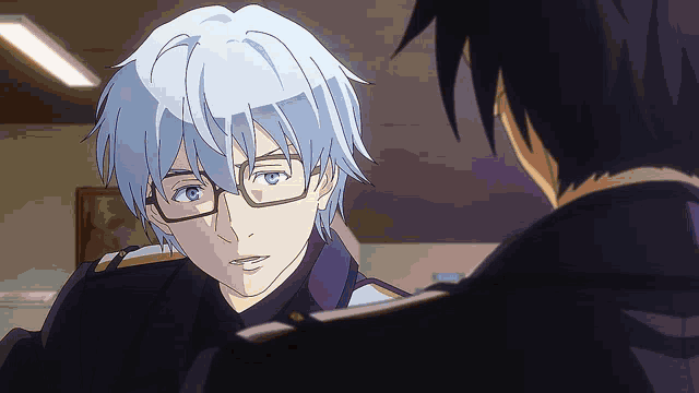 a man with blue hair and glasses is looking at another man