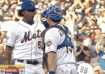 two mets baseball players talking to each other during a game