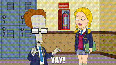 a cartoon of a man pointing at a girl in a school uniform .