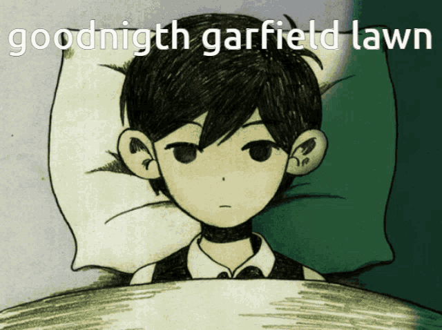 a drawing of a boy laying in bed with the words goodnight garfield lawn below him
