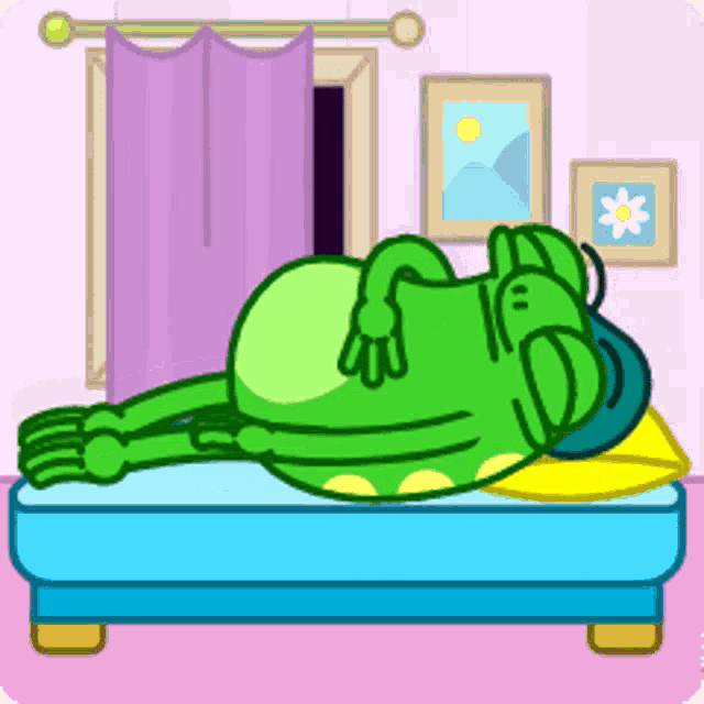 a cartoon frog is laying on a bed with a pillow .