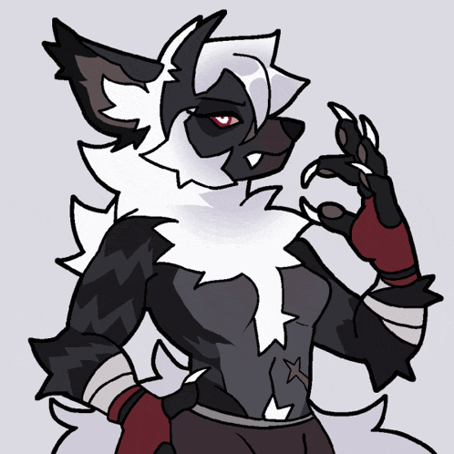 a drawing of a black and white furry animal with a red eye