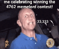 a bald man in a blue shirt is celebrating winning the memelord contest