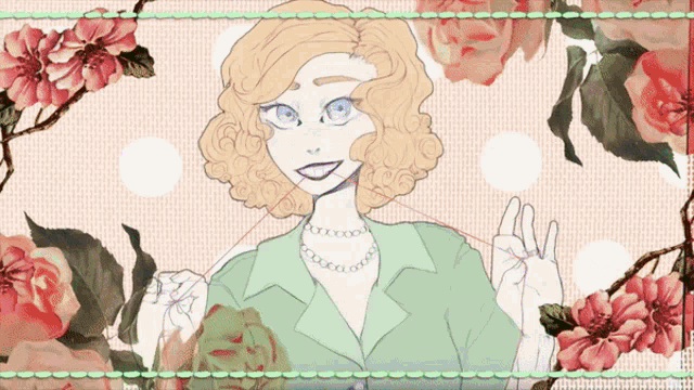 a drawing of a woman with a necklace and flowers