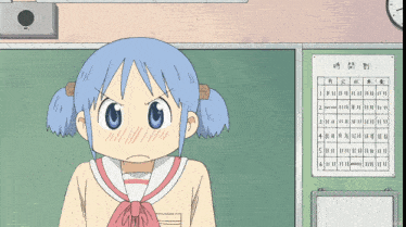 a girl with blue hair is standing in front of a chalkboard with chinese writing