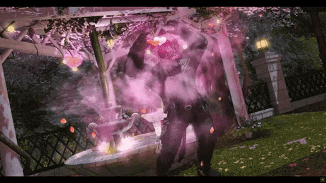 a man is standing in front of a fountain surrounded by purple smoke .