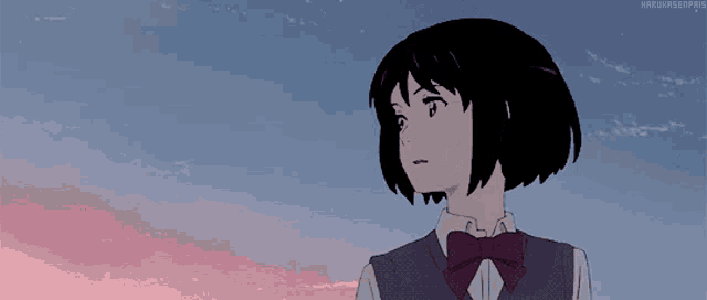 a girl in a school uniform with a bow tie stands in front of a cloudy sky