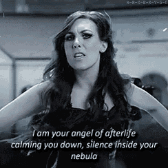 a black and white photo of a woman with the words i am your angel of afterlife calming you down