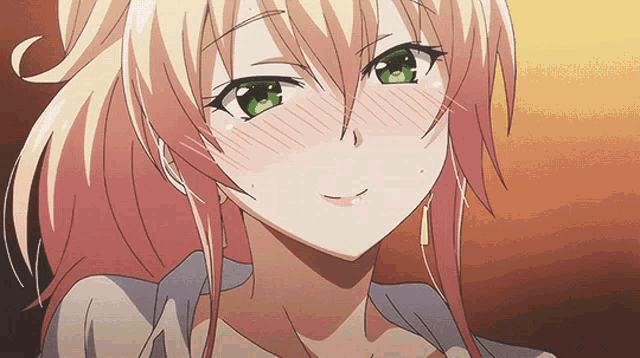 a close up of a blonde anime girl with green eyes and pink cheeks