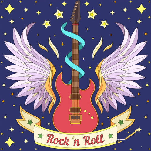 a guitar with wings and a banner that says rock ' n roll