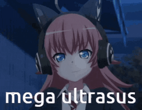 a pink haired anime girl wearing headphones with the words mega ultrasus written on it .