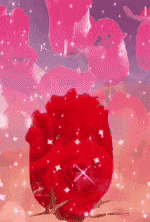 a red rose is surrounded by pink roses with snow falling on it