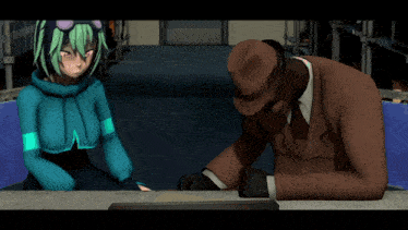 a man and a woman are sitting at a table in a video game scene