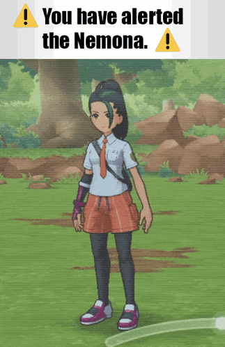 a cartoon girl is standing in a field with a warning sign that says " you have alerted the nemona "