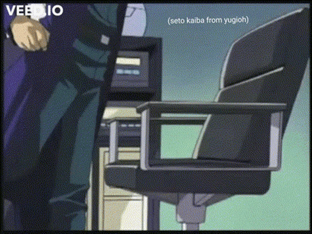a cartoon of a man standing next to a chair with the words " seto kaiba from yugioh " at the bottom