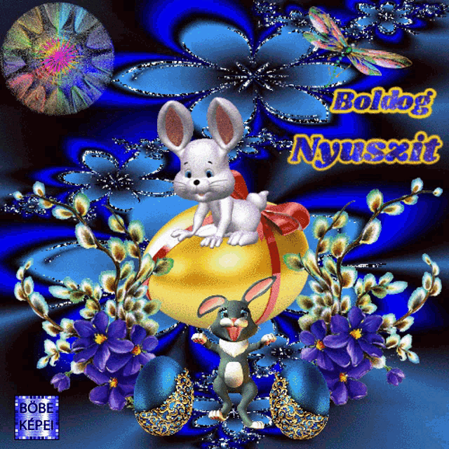 a cartoon bunny is sitting on an easter egg with the words boldog nyuszit