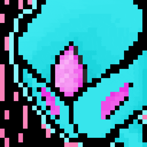 a pixel art of a blue and pink heart with a pink flower