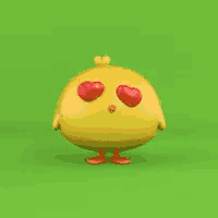 a cartoon chicken with hearts in its eyes on a green background