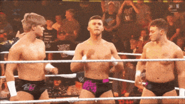 three wrestlers are standing in a ring and one of them has a bb logo on his shorts