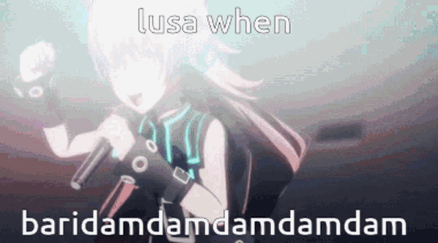 a girl singing into a microphone with the words " lusa when baridamdamdamdam " written below her