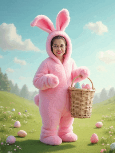 a woman in a pink bunny costume is holding a basket of eggs