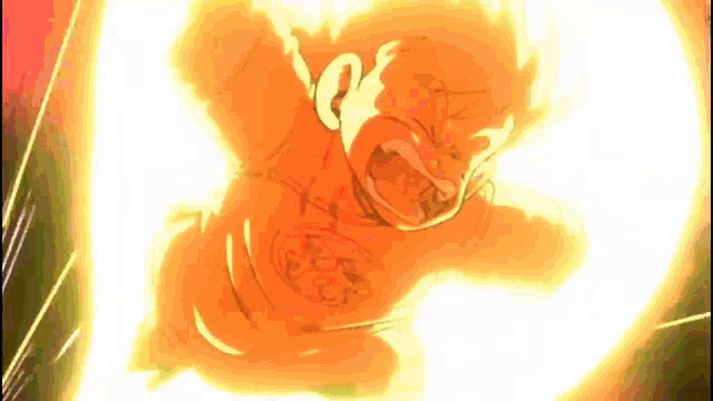 a cartoon character is surrounded by a glowing orange flame .